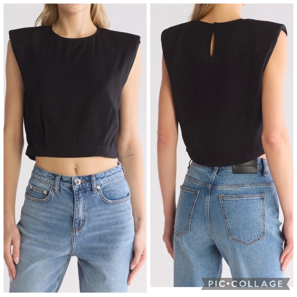 Rebecca Minkoff Pippa Women's Crop Top Black Boxy Shoulder Pads 100% Viscose XS - Picture 2 of 10